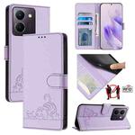 For vivo Y36 4G India Cat Rat Embossed Pattern RFID Leather Phone Case with Lanyard(Purple)