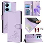 For vivo Y78 5G Global / V29 Lite Cat Rat Embossed Pattern RFID Leather Phone Case with Lanyard(Purple)