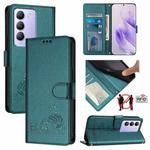 For vivo Y200E 5G Global Cat Rat Embossed Pattern RFID Leather Phone Case with Lanyard(Peacock Green)