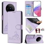 For vivo X100 Cat Rat Embossed Pattern RFID Leather Phone Case with Lanyard(Purple)