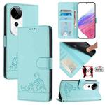 For vivo S19 Pro Cat Rat Embossed Pattern RFID Leather Phone Case with Lanyard(Mint Green)