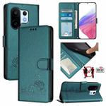 For vivo S30 Pro mini Cat Rat Embossed Pattern RFID Leather Phone Case with Lanyard(Peacock Green)