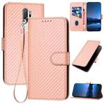 For OPPO A5 2020/A9 2020/A11x/A11 YX0070 Carbon Fiber Buckle Leather Phone Case with Lanyard(Pink)