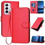 For OPPO Reno12 Global YX0070 Carbon Fiber Buckle Leather Phone Case with Lanyard(Red)