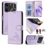 For Tecno Pova 6 Pro li9 Cat Rat Embossed Pattern RFID Leather Phone Case with Lanyard(Purple)