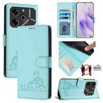 For Tecno Pova 6 5G Cat Rat Embossed Pattern RFID Leather Phone Case with Lanyard(Mint Green)