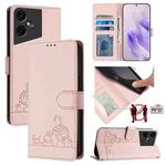 For Tecno Pova Neo 3 Cat Rat Embossed Pattern RFID Leather Phone Case with Lanyard(Pink)
