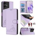 For Tecno Pova Neo 3 Cat Rat Embossed Pattern RFID Leather Phone Case with Lanyard(Purple)