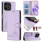 For Tecno Spark 10 Pro Magic Magenta Cat Rat Embossed Pattern RFID Leather Phone Case with Lanyard(Purple)