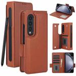 For Samsung Galaxy Z Fold4 Solid Color Multifunctional Folding Leather Phone Case with Pen Slot(Brown)