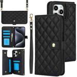 For iPhone 15 Pro Max Crossbody Multifunction Rhombic Leather Phone Case(Black)