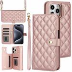 For iPhone 15 Pro Max Crossbody Multifunction Rhombic Leather Phone Case(Rose Gold)