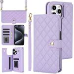 For iPhone 15 Pro Crossbody Multifunction Rhombic Leather Phone Case(Purple)