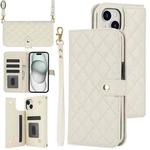 For iPhone 15 Plus Crossbody Multifunction Rhombic Leather Phone Case(White)