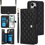 For iPhone 15 Plus Crossbody Multifunction Rhombic Leather Phone Case(Black)