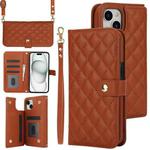 For iPhone 15 Plus Crossbody Multifunction Rhombic Leather Phone Case(Brown)