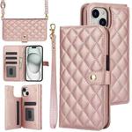 For iPhone 15 Crossbody Multifunction Rhombic Leather Phone Case(Rose Gold)