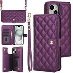 For iPhone 15 Crossbody Multifunction Rhombic Leather Phone Case(Dark Purple)