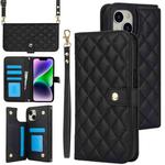 For iPhone 14 Plus Crossbody Multifunction Rhombic Leather Phone Case(Black)