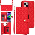 For iPhone 14 Plus Crossbody Multifunction Rhombic Leather Phone Case(Red)