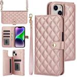 For iPhone 14 / 13 Crossbody Multifunction Rhombic Leather Phone Case(Rose Gold)