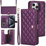 For iPhone 14 Pro Max Crossbody Multifunction Rhombic Leather Phone Case(Dark Purple)