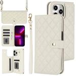 For iPhone 13 Pro Max Crossbody Multifunction Rhombic Leather Phone Case(White)