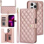 For iPhone 13 Pro Max Crossbody Multifunction Rhombic Leather Phone Case(Rose Gold)