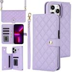 For iPhone 13 Pro Max Crossbody Multifunction Rhombic Leather Phone Case(Purple)
