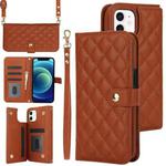 For iPhone 12 mini Crossbody Multifunction Rhombic Leather Phone Case(Brown)
