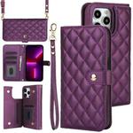 For iPhone 12 Pro Max Crossbody Multifunction Rhombic Leather Phone Case(Dark Purple)