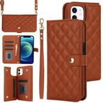 For iPhone 12 / 12 Pro Crossbody Multifunction Rhombic Leather Phone Case(Brown)