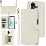 For iPhone 16 Plus Crossbody Multifunction Rhombic Leather Phone Case(White)