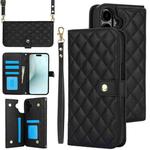 For iPhone 16 Plus Crossbody Multifunction Rhombic Leather Phone Case(Black)