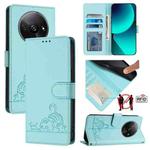 For Xiaomi A3 4G Global Cat Rat Embossed Pattern RFID Leather Phone Case with Lanyard(Mint Green)