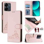 For Xiaomi Redmi 13C 4G Global Cat Rat Embossed Pattern RFID Leather Phone Case with Lanyard(Pink)