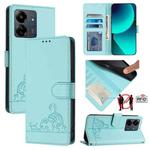 For Xiaomi POCO C65 Global Cat Rat Embossed Pattern RFID Leather Phone Case with Lanyard(Mint Green)