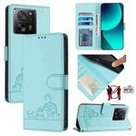 For Xiaomi 13T 5G Global Cat Rat Embossed Pattern RFID Leather Phone Case with Lanyard(Mint Green)