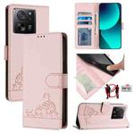 For Xiaomi 13T Pro 5G Global Cat Rat Embossed Pattern RFID Leather Phone Case with Lanyard(Pink)