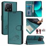 For Xiaomi 13T Pro 5G Global Cat Rat Embossed Pattern RFID Leather Phone Case with Lanyard(Peacock Green)