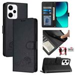 For Xiaomi Redmi Note 12T Pro Cat Rat Embossed Pattern RFID Leather Phone Case with Lanyard(Black)