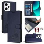 For Xiaomi Redmi Note 12T Pro Cat Rat Embossed Pattern RFID Leather Phone Case with Lanyard(Blue)