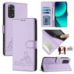 For Xiaomi Redmi Note 11 4G Global Cat Rat Embossed Pattern RFID Leather Phone Case with Lanyard(Purple)