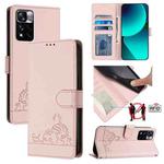 For Xiaomi Redmi Note 12 Pro 4G Global Cat Rat Embossed Pattern RFID Leather Phone Case with Lanyard(Pink)