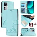 For  Xiaomi 12T / 12T Pro Cat Rat Embossed Pattern RFID Leather Phone Case with Lanyard(Mint Green)