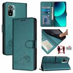 For Xiaomi POCO M5S 4G Cat Rat Embossed Pattern RFID Leather Phone Case with Lanyard(Peacock Green)