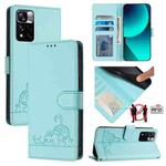 For Xiaomi POCO X4 NFC 5G Cat Rat Embossed Pattern RFID Leather Phone Case with Lanyard(Mint Green)