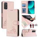 For Xiaomi Redmi Note 11S 5G Cat Rat Embossed Pattern RFID Leather Phone Case with Lanyard(Pink)