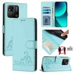 For Xiaomi Redmi 10A Cat Rat Embossed Pattern RFID Leather Phone Case with Lanyard(Mint Green)