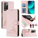 For Xiaomi Redmi 10 4G 2021 Global Cat Rat Embossed Pattern RFID Leather Phone Case with Lanyard(Pink)